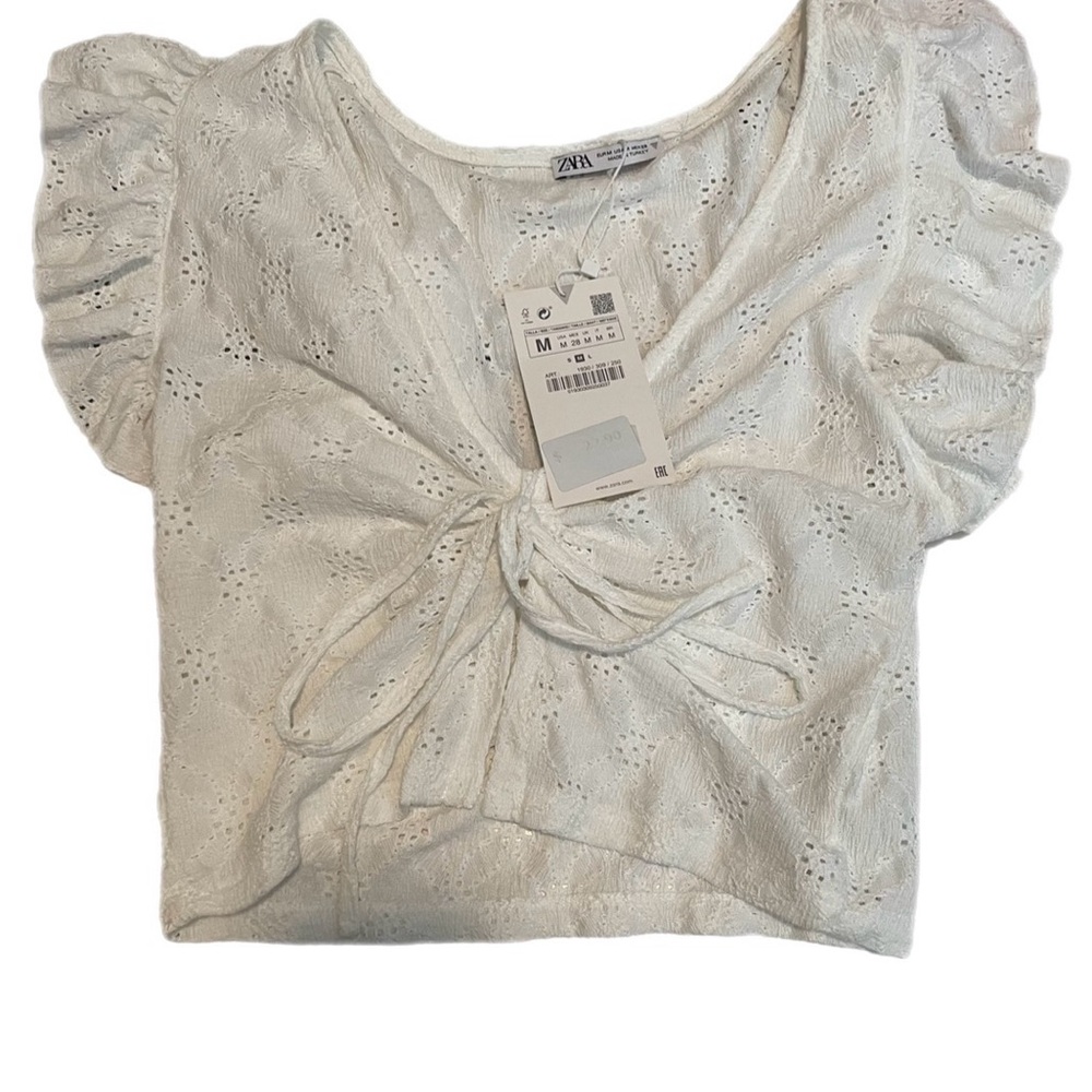 Zara Cream Eyelet Blouse with Tie Detail
